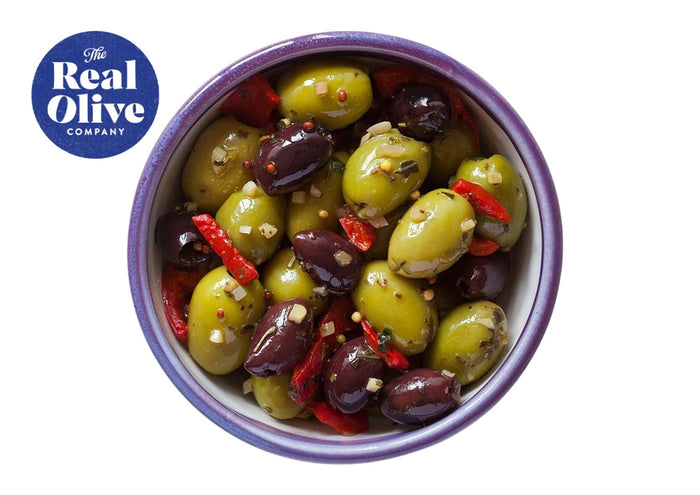 The Real Olive Co - Garlic, Peppers & Mustard Seed Olives (Pouch 1Kg)